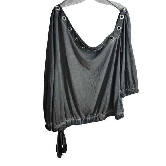 Venus Oversized Slouchy Top Gray 2X Long Sleeve Pullover Side Tie Grommets Rings - Picture 2 of 6